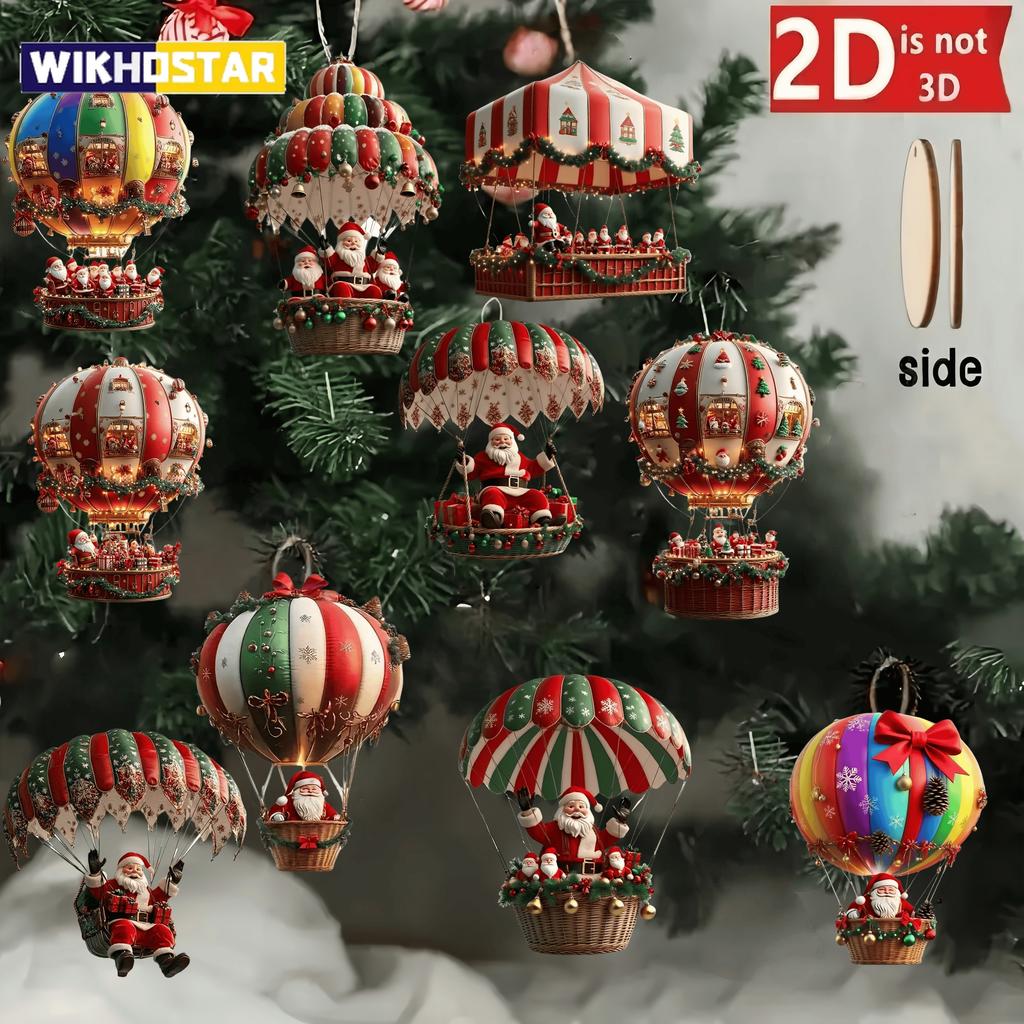 10Pcs Christmas Wooden Hot Air Balloon Santa Claus 2D Flat Wooden Pendant Christmas Tree Decoration Perfect Holiday Gift Decor