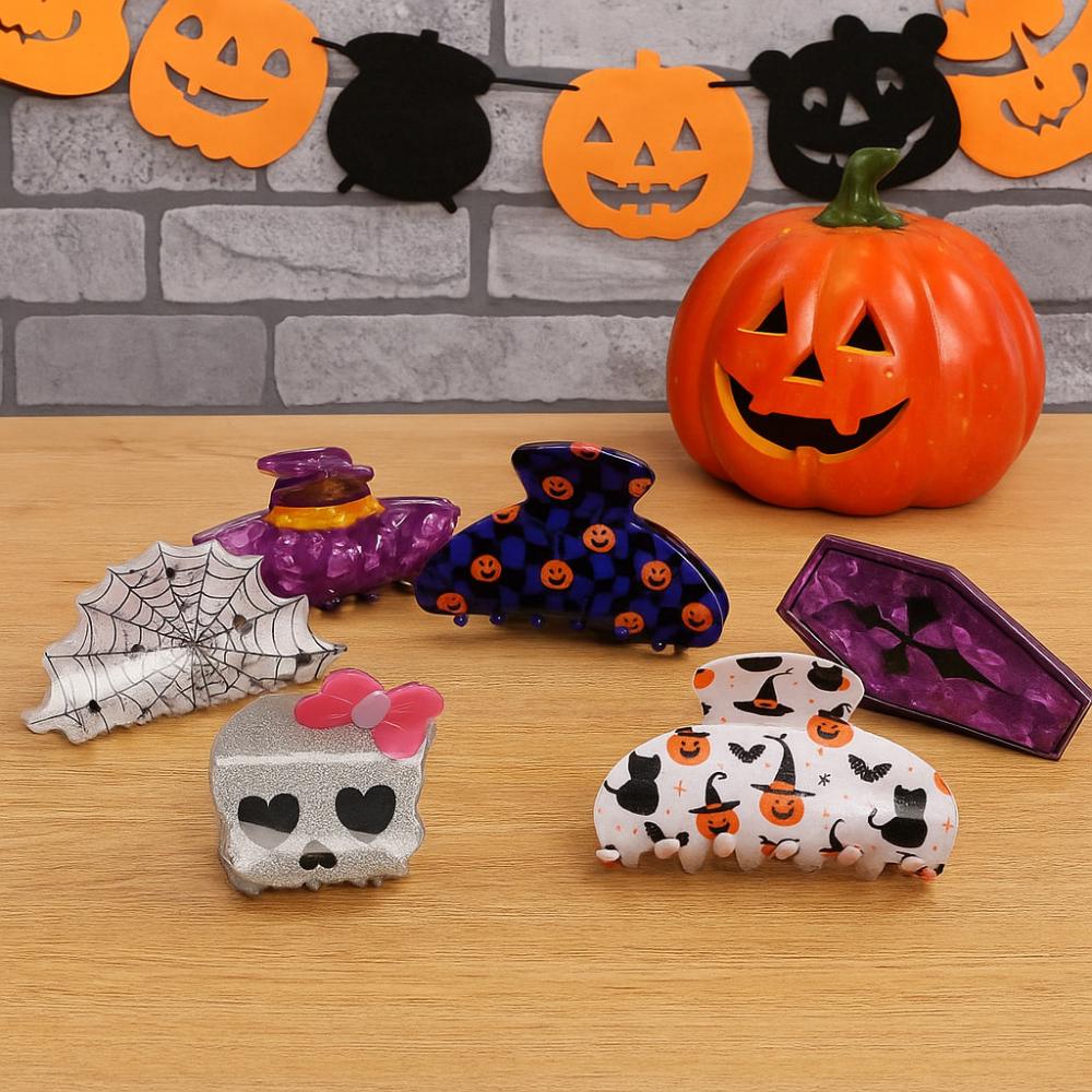 PVC Pumpkin Themed Gripper Spider Skeleton Shark Clip Headwear Halloween Hair Claw  Girls
