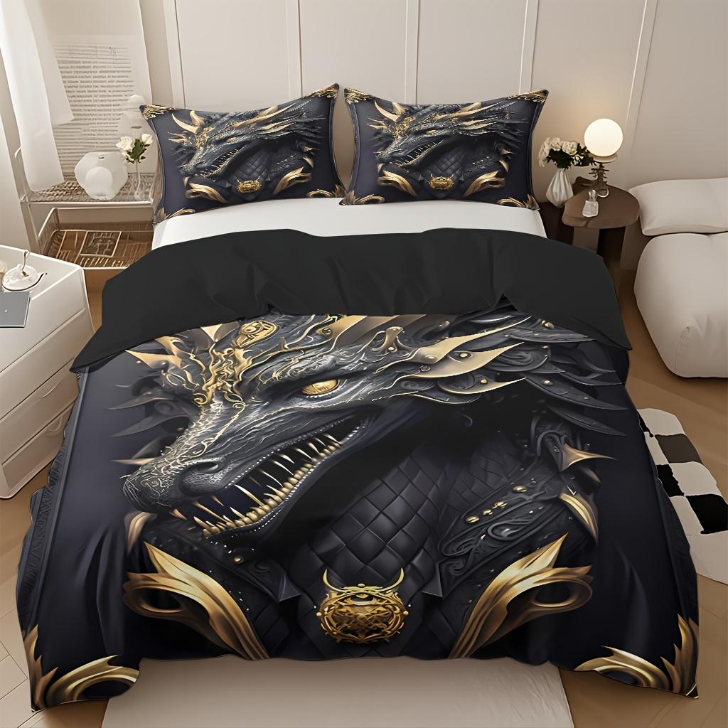 3Pcs Dragon Theme Comforter Set, Majestic Black Golden HD Digital Print, 100% Polyester Breathable Bedding with Pillowcases