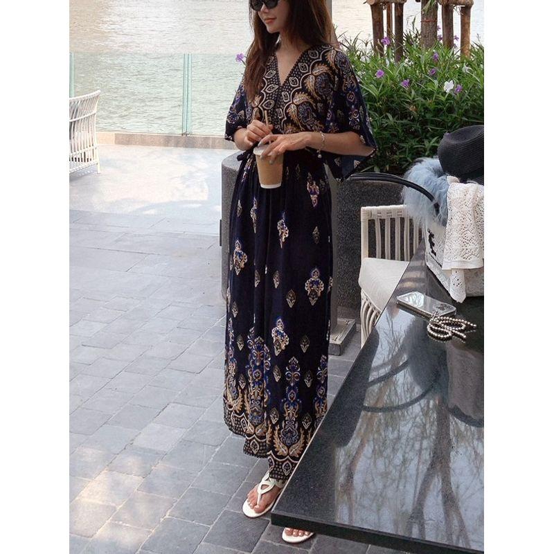 Korean Style Plus size women clothing V-neck Ethnic Style Print Waist Hugging Fashion Loose Batwing Sleeve Dress Long dress XL-5XL