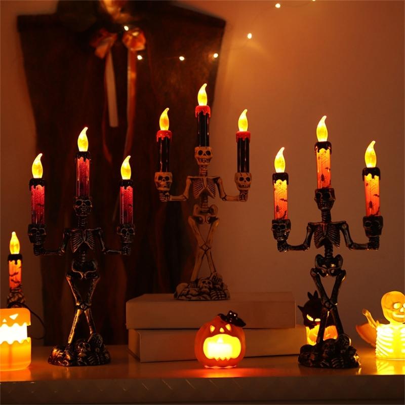Skull Candelabra Halloween Decoration Skeleton Candlestick with Flameless Candle LED Light for Mantels Tabletop Porch