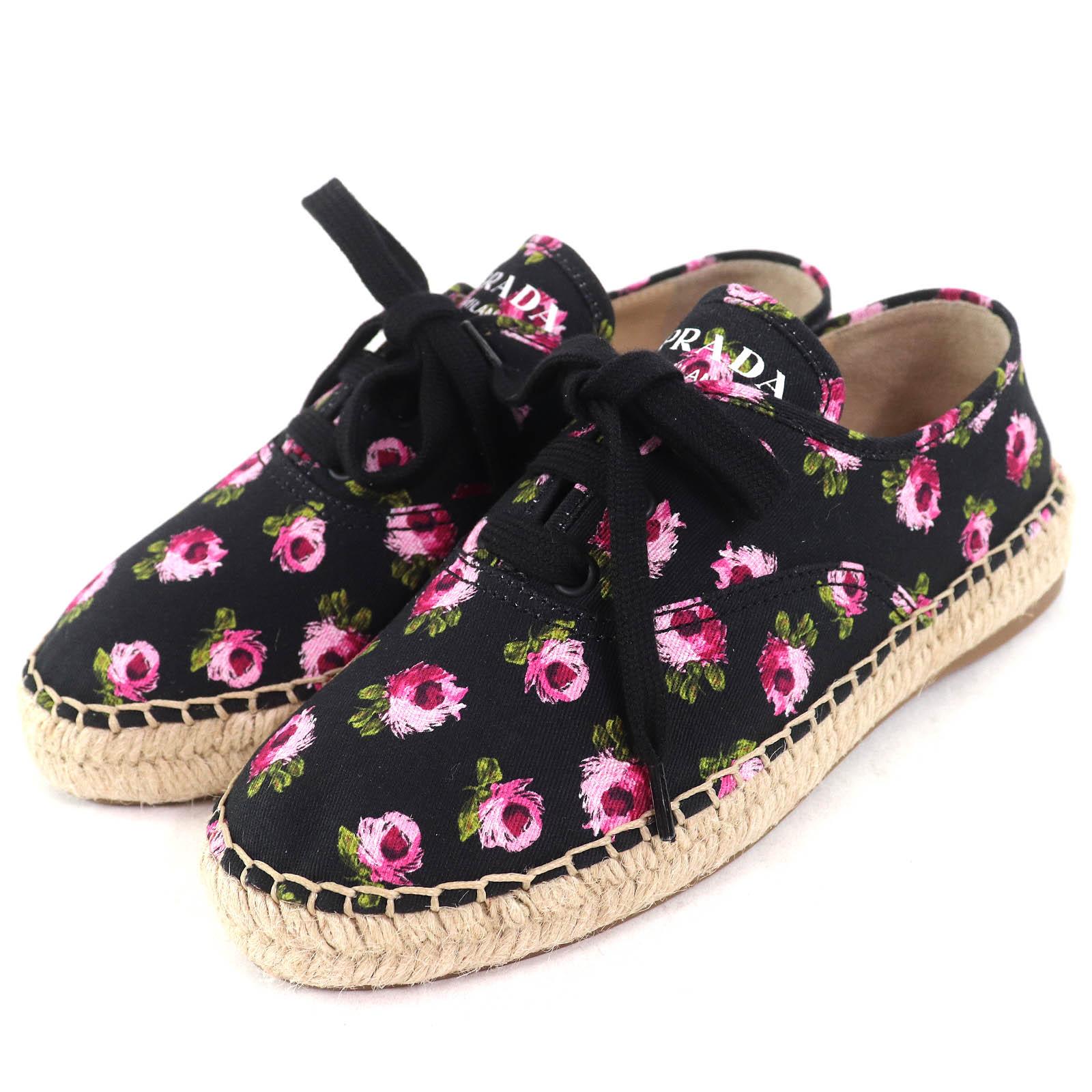 

Pristine PRADA sneakers GABARDINE Floral Lace-up Espadrilles black pink canvas Used