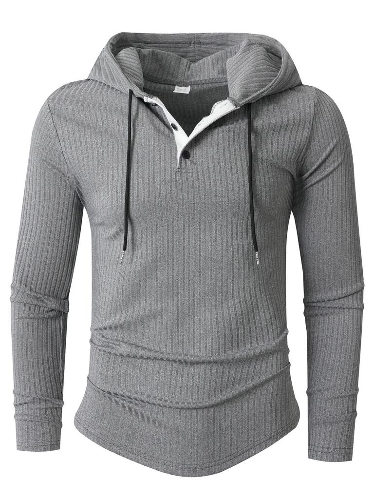 Men's Casual Long Sleeve Hooded Pullover with Drawstring and Buttons for Autumn/Winter