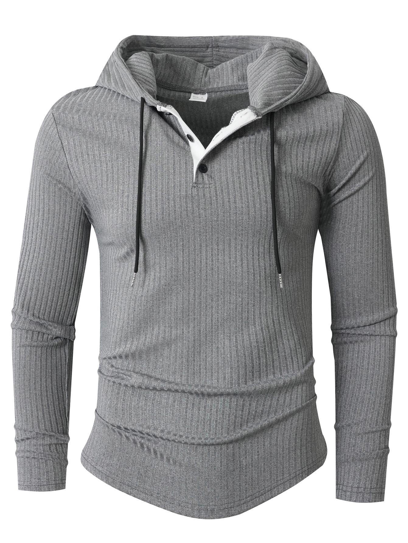 Men s Autumn/Winter Casual Hooded Long Sleeve Pullover with Drawstring and Button L серый