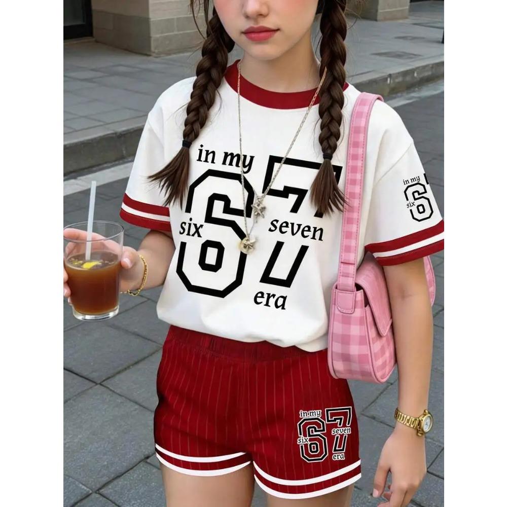 67 Six Seven Girls Clothes Cute Tie-Dye 3D Print Girls Short Sleeve T-Shirt Pants Set Casual Fashion Children's Clothes Tops