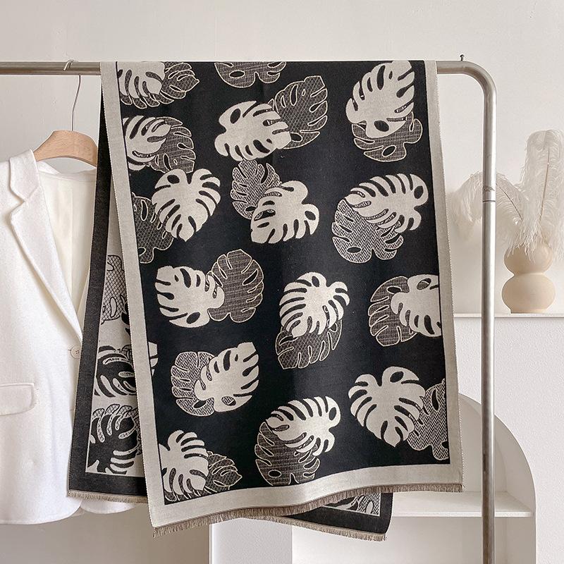 

Шарф из имитации кашемира с двухсторонним принтом листьев контрастных цветов, зимняя высококачественная теплая шаль для женщин 185cm чёрный