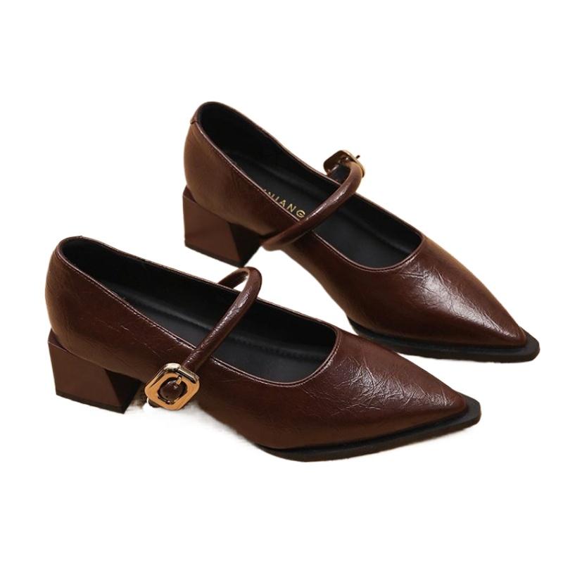 Women's Black/Coffee Pointed Toe Mary Jane Shoes Chunky Heel One-Strap Dress Pumps Classic Retro Office Ladies Footwear