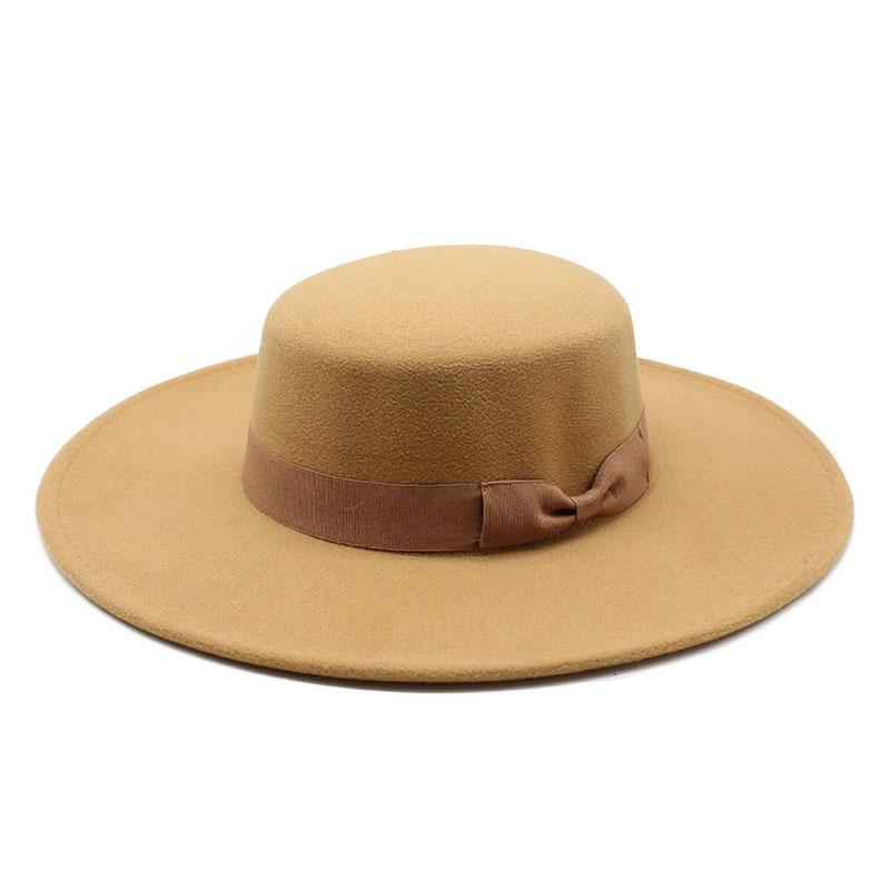 Retro British Style Bow Flat Top Top Top Hat Couple Men And Women Gentleman'S Hat Women'S Large Flat Brim Woolen Thermal Hat