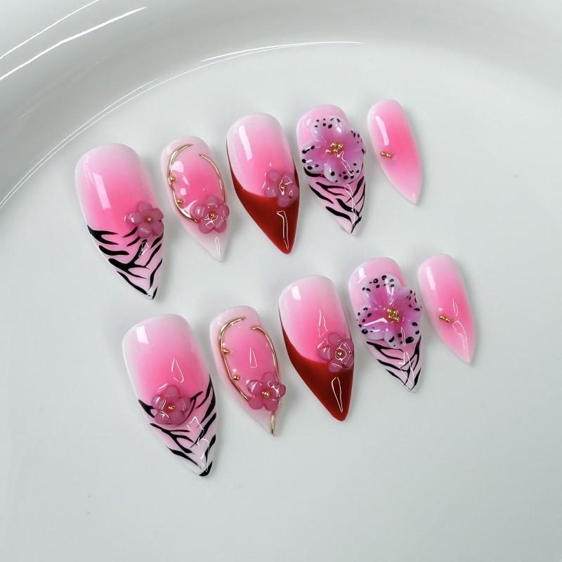 3D Floral Embossed Press-On Nails Sweet Cool Style Nail Art Tips Women