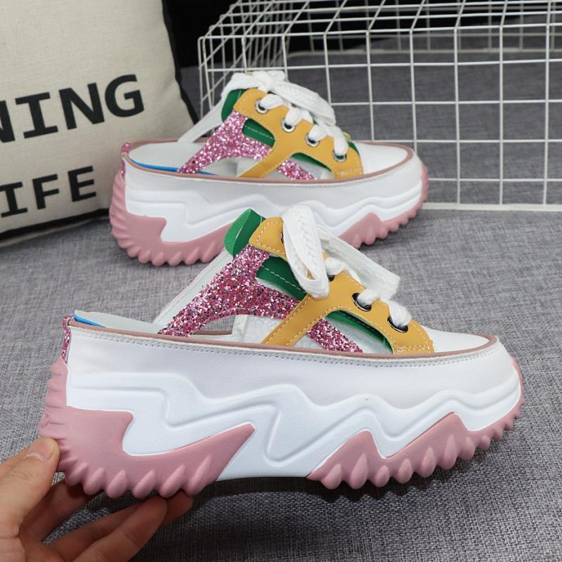 fashion 8cm New Glitter Leather Women Chunky Sneakers Platform Wedge 2024 Breathable Slippers Comfortable Hollow Summer Shoes