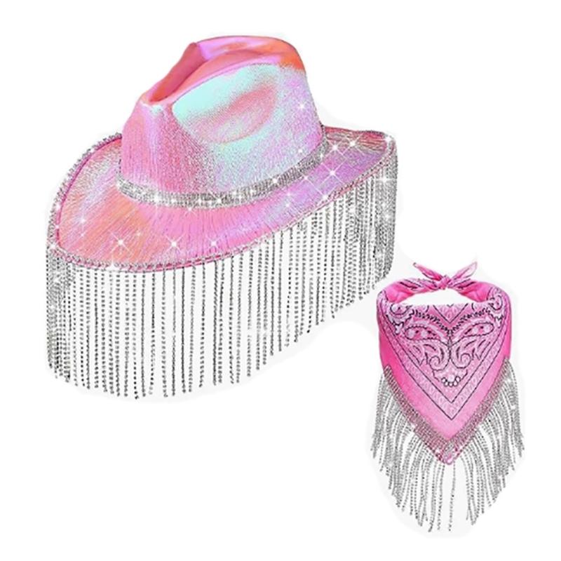 Cowboy Hat +Kerchief Set for Stage Shows Photo Studio Props Delicate Pink Cowboy Hat for Night Club Bar Livehouse