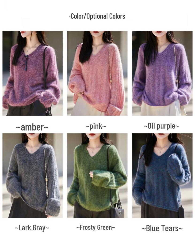 2026 V-neck Brushed Yarn Cashmere Women's Sweater Coat with Fur Trim