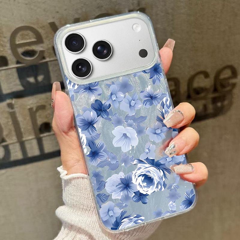 Blue Flowers Pattern Laser Phone Case For iPhone Air 17 16 15 14 13 15 Pro Max 16 15 Plus 13 17 Pro  Shockproof Hard Cover Funda