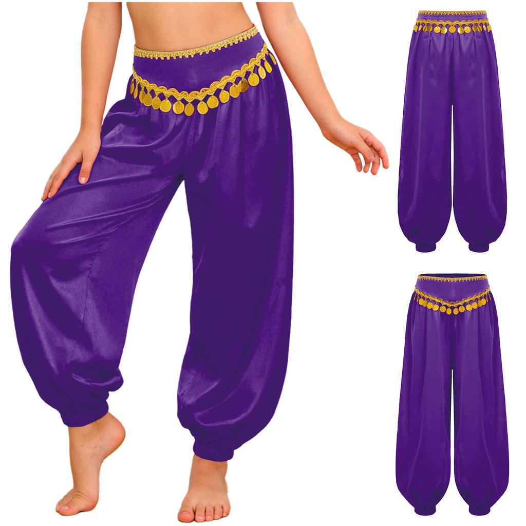 Kids Girls Belly Dance Bloomers Braid Trim Sequin Tassels Loose Pants Side Invisible Zipper for Halloween Theme Party Stage Performance