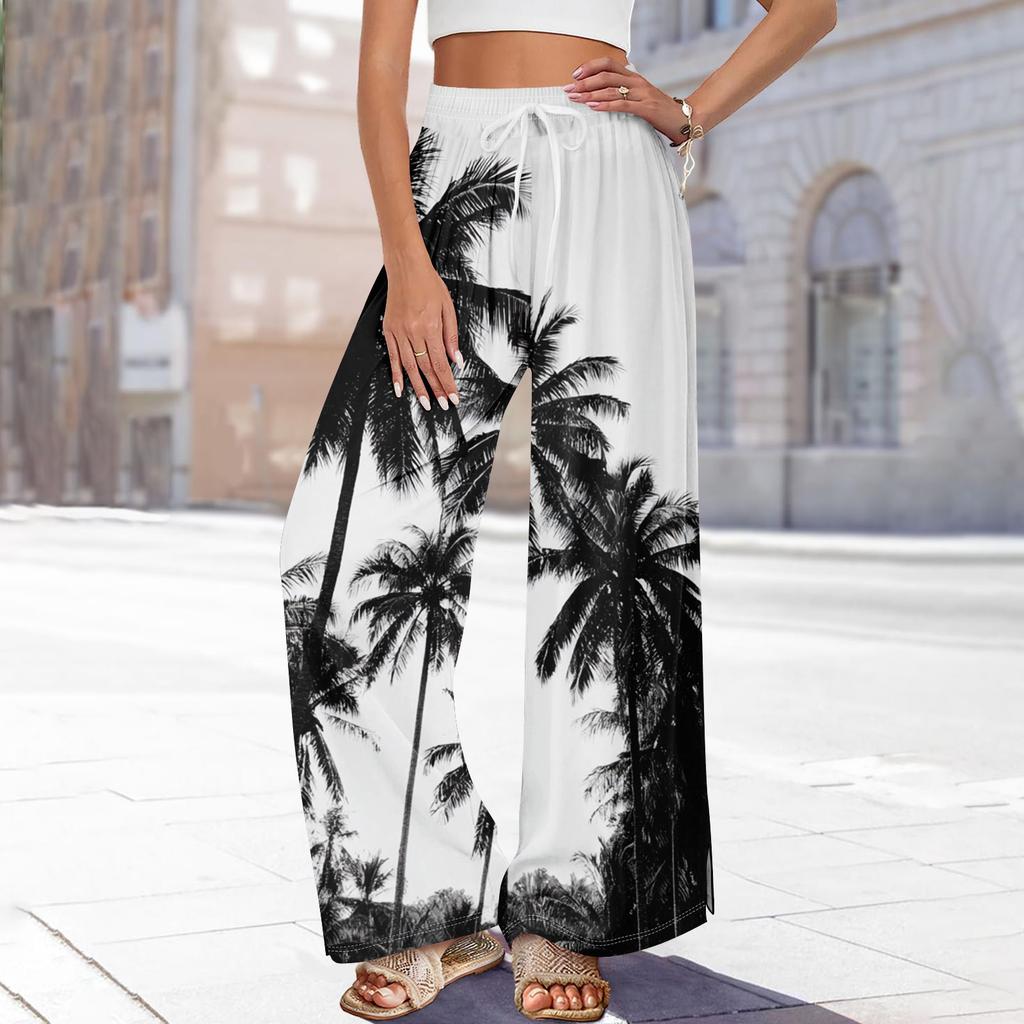 Dames zomer boho palazzo broek met hoge taille, wijde pijpen en bloemenprint, casual broek met zakken