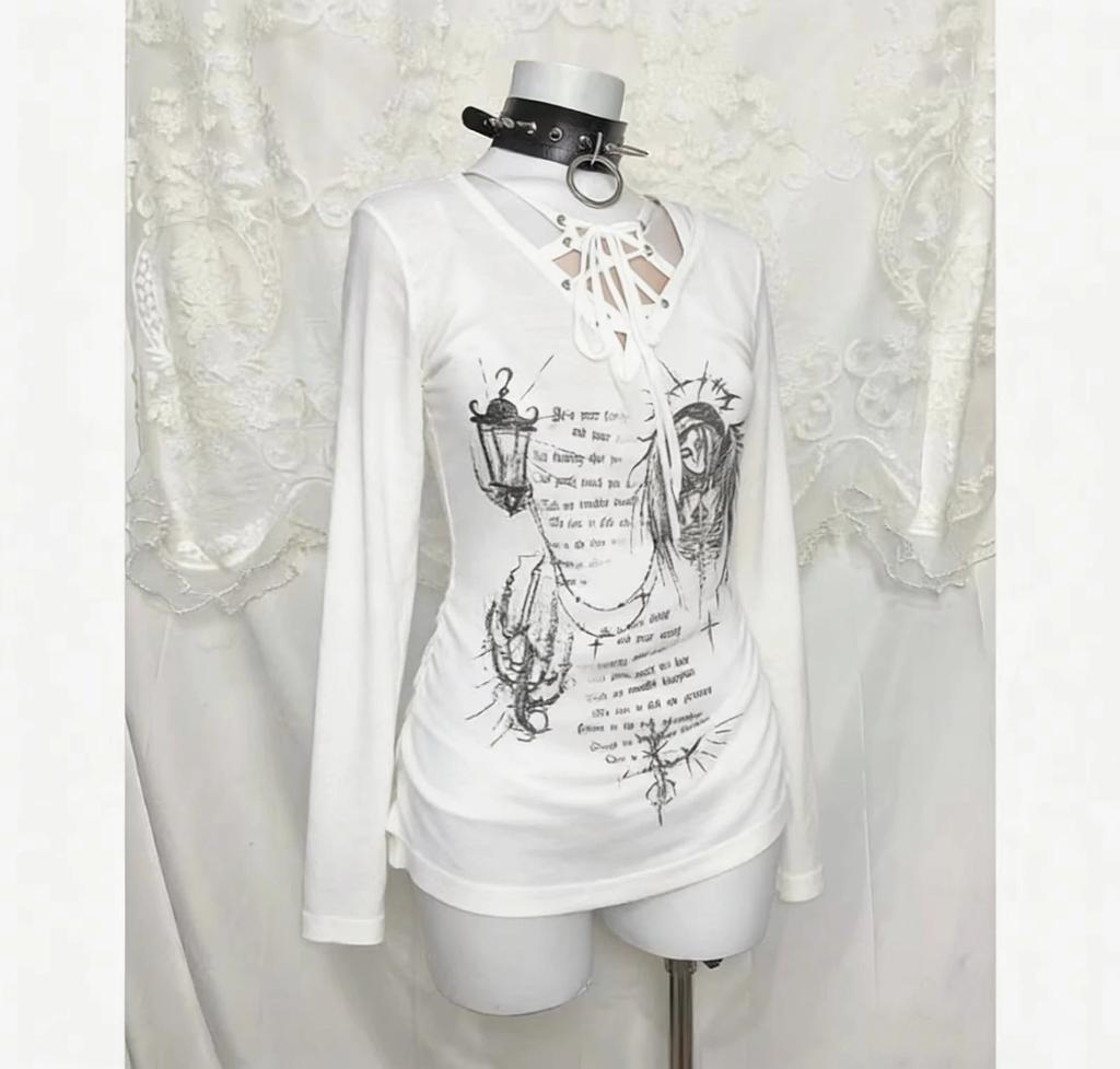 Womens Y2K Gothic Graphic Tops Grunge edgy Lace Punk Emo Alt Shirt S-XL
