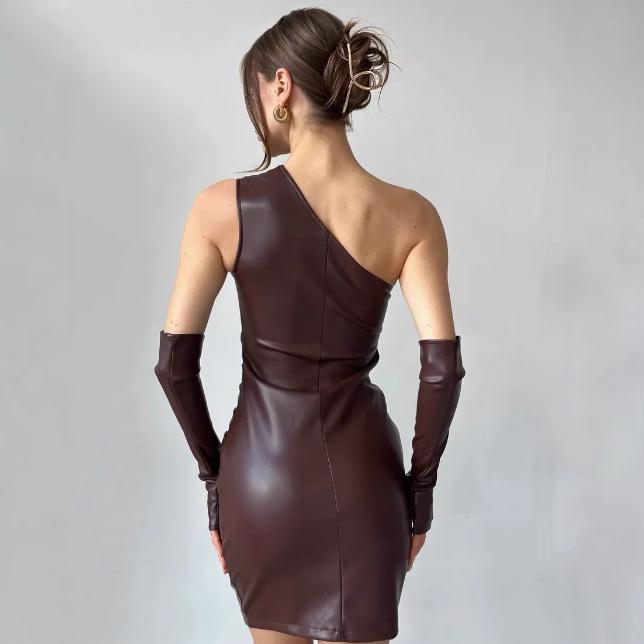 PU Skirt Women's Slanted Collar Sleeveless Sleeved Sleeve Waistband Hip Dress Outfit
