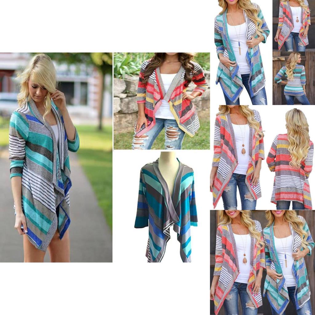 Elegante Cardigan Asimmetrico a Righe con Maniche a Tre Quarti per la Moda Autunnale