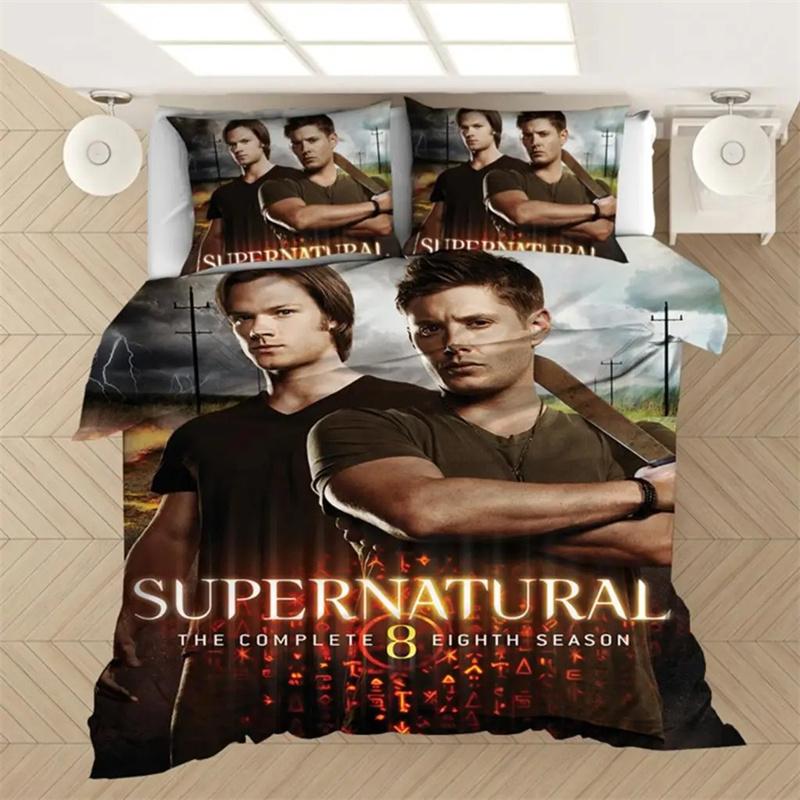 3pcs Bedding Set Winchester Brothers Angel Sam Dean Printed Cozy Duvet Cover King Queen Single Size Birthday Gift Bedroom Decor
