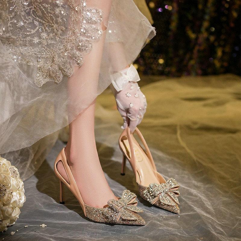 Fashion Sheepskin Single Shoes For Women 2025 All New Diamondedness Bow French High Heels For Women Stiletto Wedding Shoes