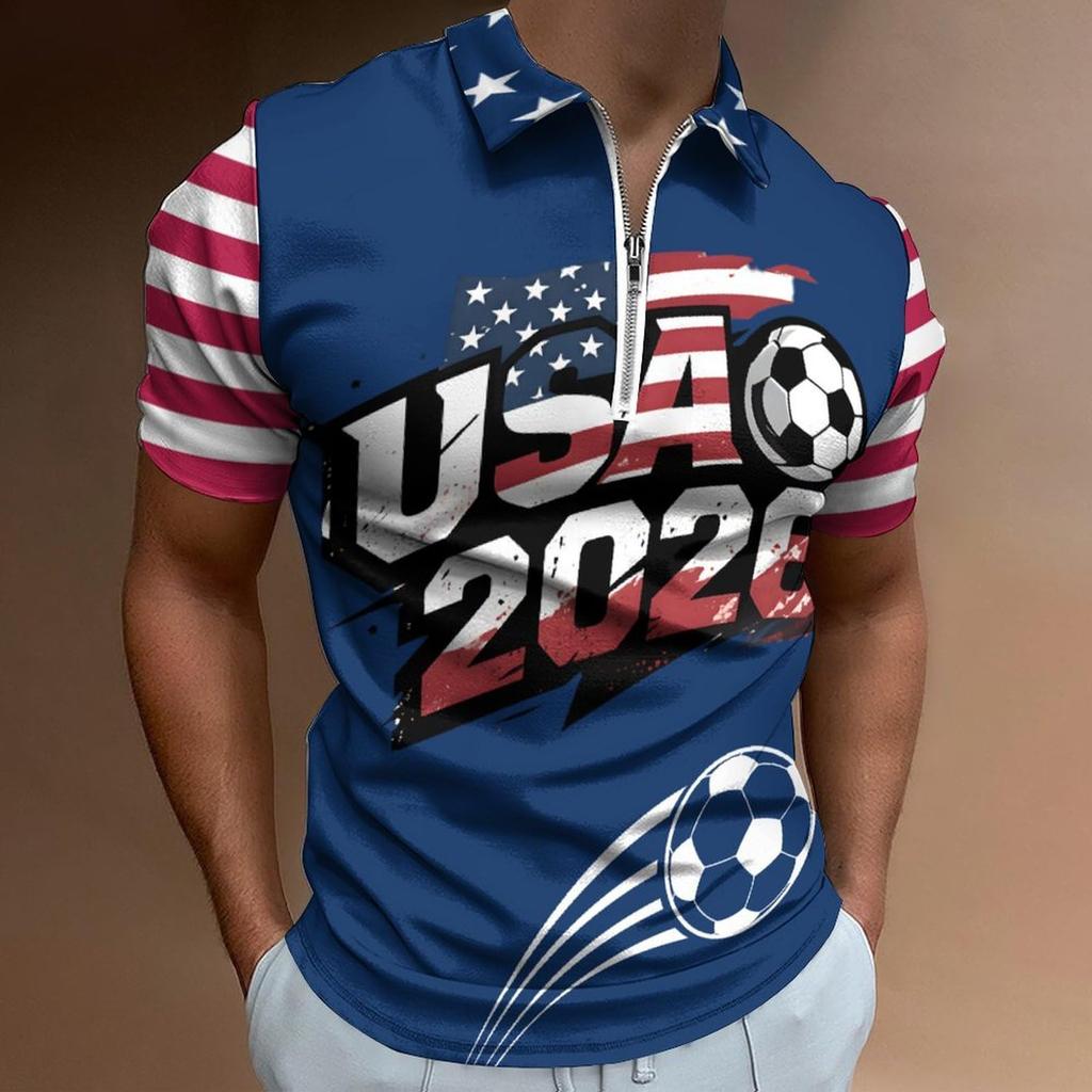 Men’s Casual Loose Fit Polo Shirt with Letter Print and Soccer Graphic Short Sleeve Top Zipper Collar Comfortable Design