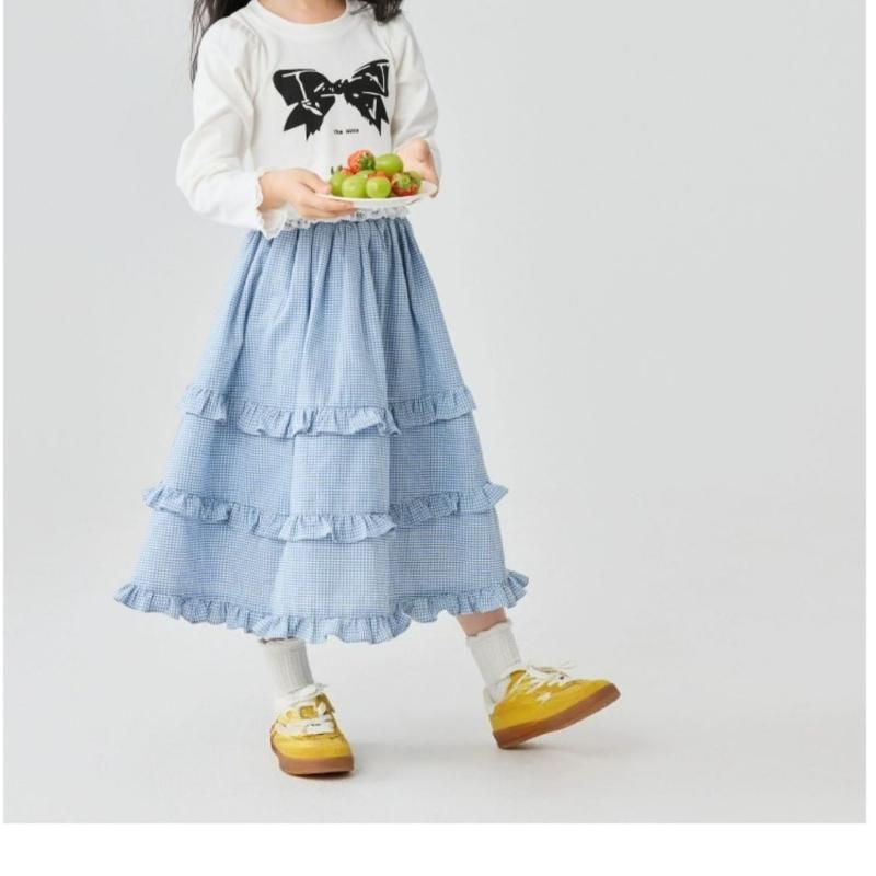 

Girls Fashionable Cake-style Skirt - Spring/Summer Children s Blue Ruffled Checkered Half-length Skirt 170