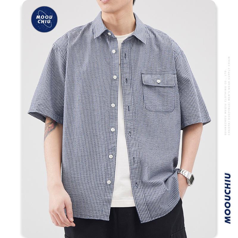 Herren Sommer Neues Trendmarken Luftpolsterfolie Kurzarmhemd, Herren Pendler Retro Gestreiftes Hemd