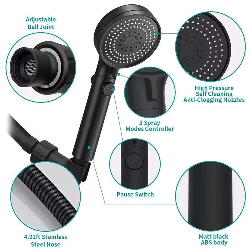 ZHIYAN Matte Black ABS High Pressure Water Saving Showerhead 3 Spray Modes Handheld Shower Head Set
