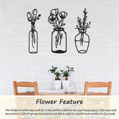 3pcs Metal Flower Wall Decor – Black Tulip Wire Iron Vase Art, Elegant Floral Wall Sculpture, Stylish Metal Wall Hangings