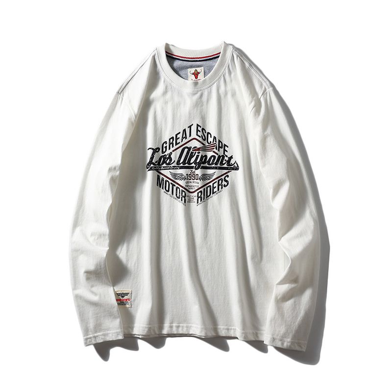 American vintage Print Cotton Long sleeves Shirt Men s 2024 New Spring and Autumn Undershirt Foreign Trade Men s Cotton T-shirt White M