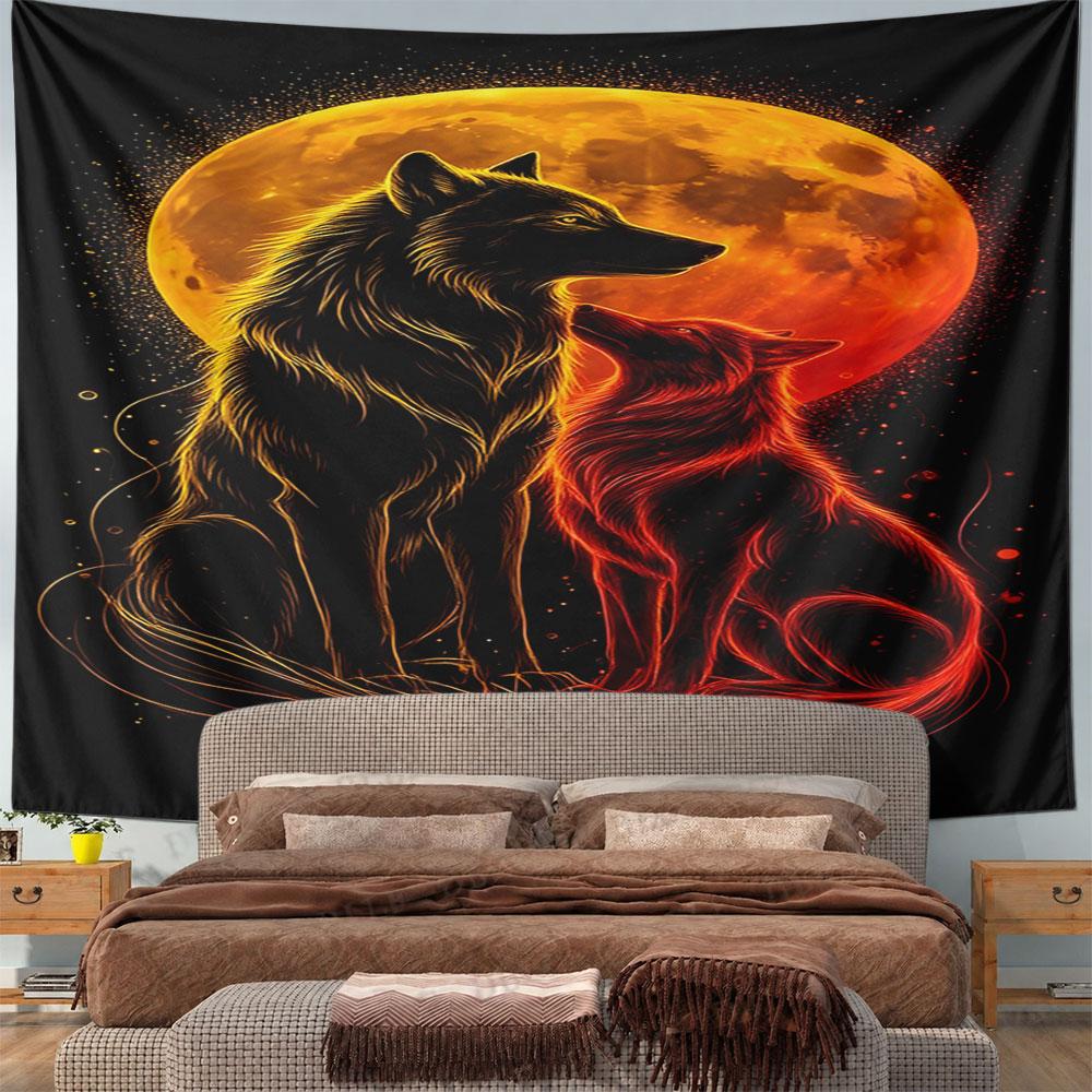"Fiery Wolves Under Full Moon" Pattern Wall Hanging Tapestry Decorative Tapestry Home Decor for Bedroom and Living Room