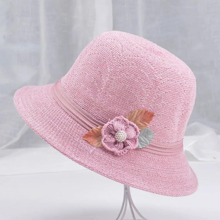 

WTEMPO Модные шляпы рыбака, женские летние шляпы с ажурными цветами и жемчугом, однотонные вязаные шапки для путешествий 1pc розовый