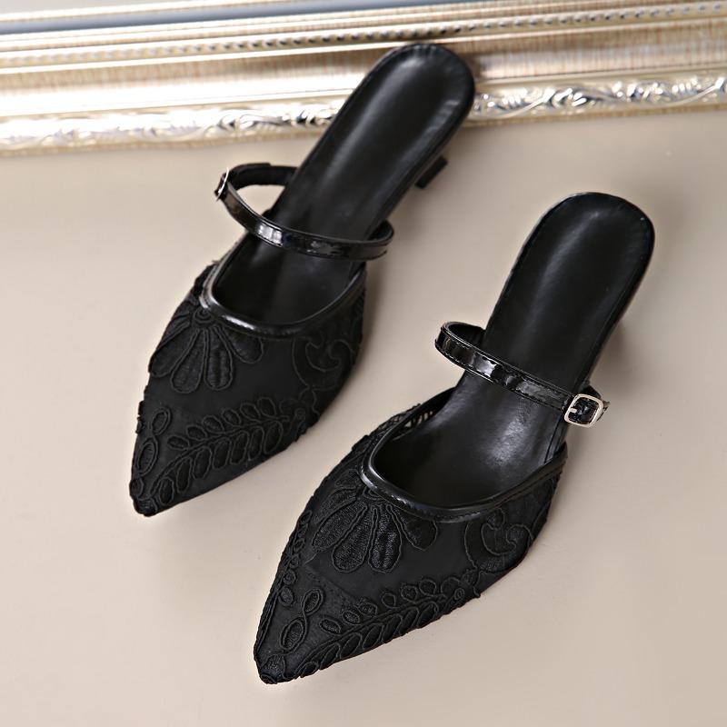 2025 Pointed Mesh Wrap Head Slippers Outside Wear High Heels New Shallow Mouth Sandals Single Shoes