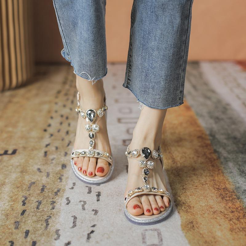 Rhinestone Wedge Heel Sandals Women's Summer Fairy Style Student Fashion and Women's Flat Shoes