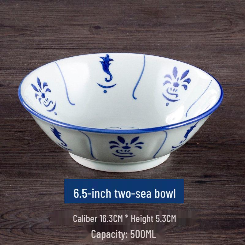 Vintage Ceramic Blue & White Bamboo Flower Bowl - Rustic Farmhouse Tableware, Ideal for Rice & Noodles