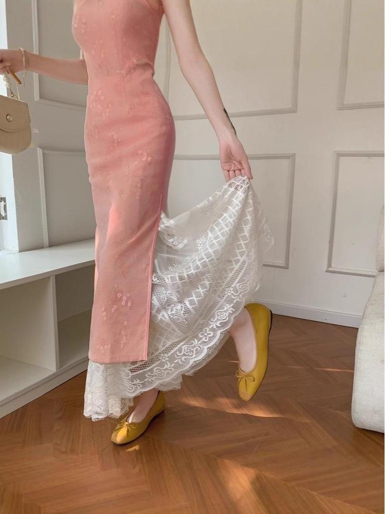 White Lace Hollow Out Cheongsam Petticoat - French Style Mid-Length Swing Skirt