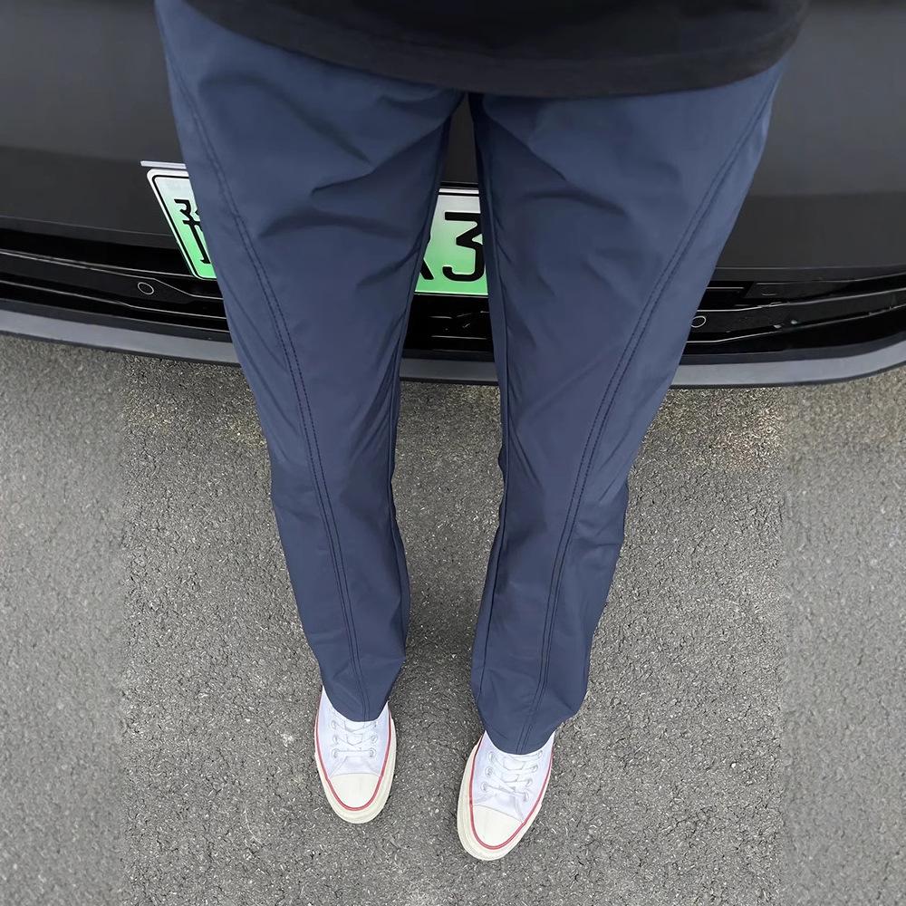 

Men s Navy Blue Diagonal-Cut Windbreaker Cargo Pants - Spring/Summer Straight-Leg, Lightweight Casual Wear L темно-синий