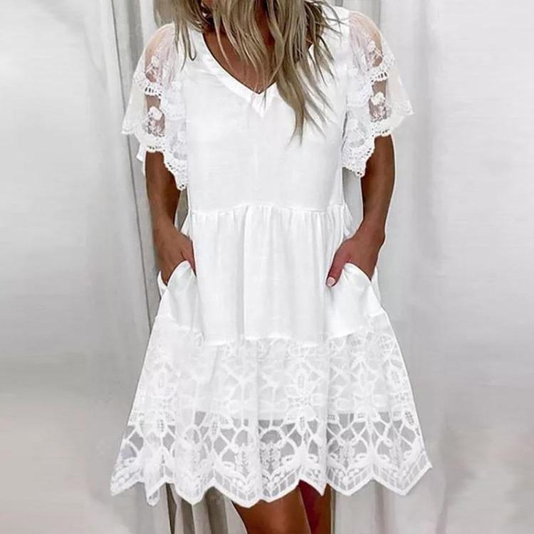 2024 Spring Summer Women Floral V Neck Lace Short Sleeve Dress Fashion Trendy Casual Elegant