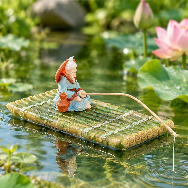 1 Set Feeding Platform Floating Bamboo Raft Fishing Ornament For Miniature Landscape Decoration Garden Statue Outdoor Decor