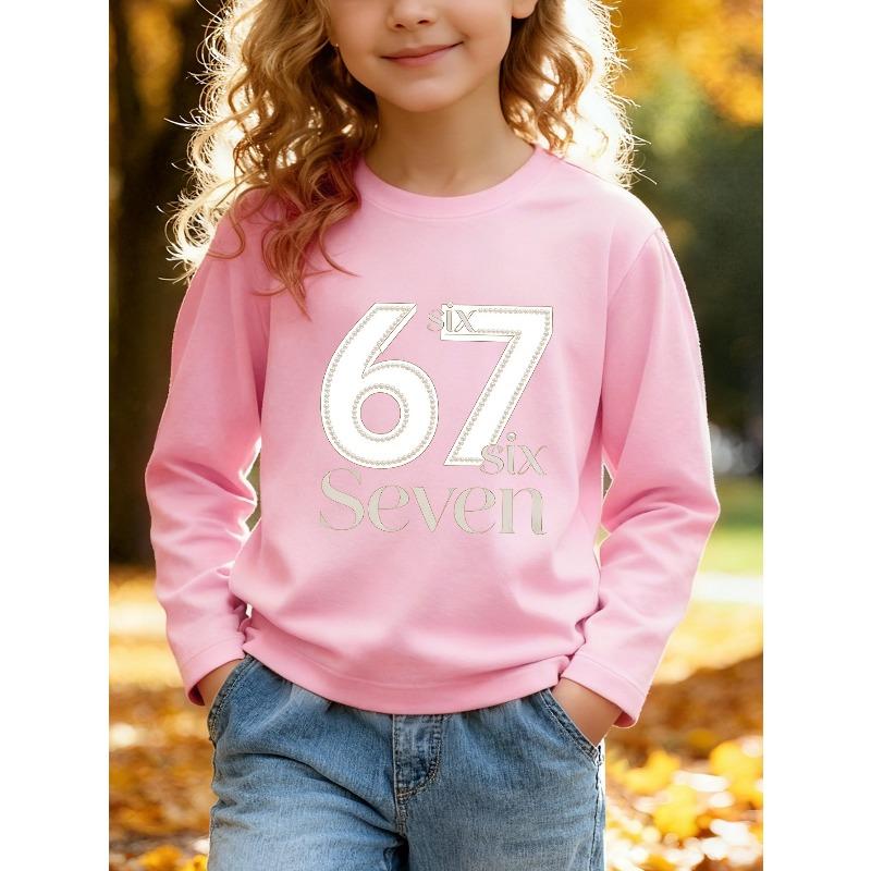Unisex Kids Red Crewneck Sweatshirt For 4-12 Girls Pearl Rhinestone Outline Number 67 Elegant Script Text Print Soft Fleece Long Sleeve Pullover