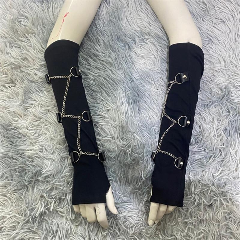 Dark Gothic Chain Long Fingerless Gloves Wrist Wrap Decorative Arm Sleeves For Women Punk Fashion And Stage Performances