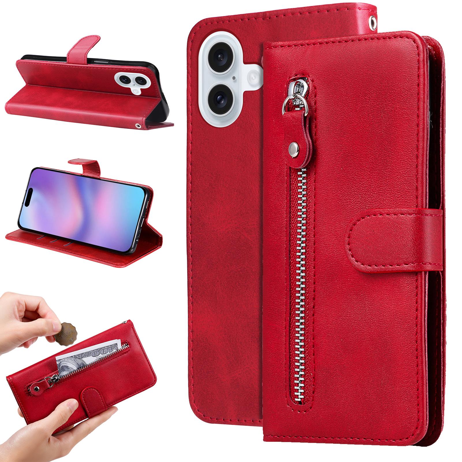 

For iPhone 17 PU Leather Cases with Zipper Pocket Wallet Phone Cover Stand Red