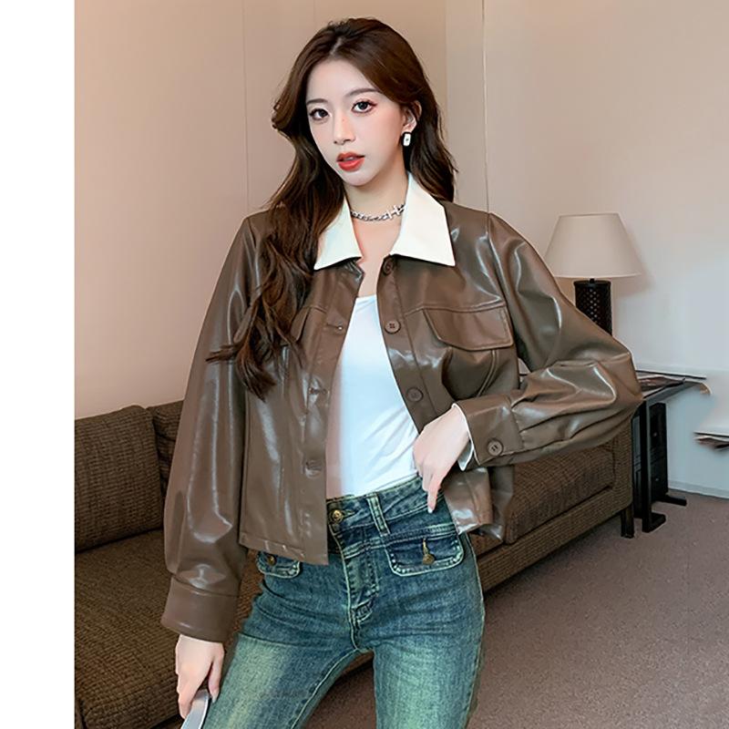 

Универсальная кожаная куртка с цветными блоками в стиле Xiaoxiang, короткая, весенняя, новая, в гонконгском стиле, в корейском стиле, темпераментный поло в стиле ретро XL