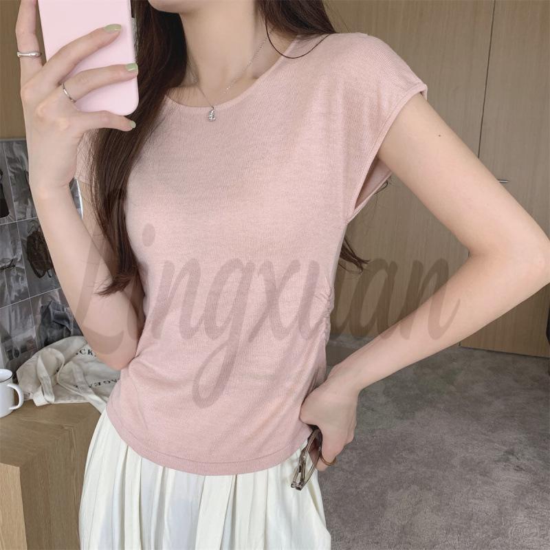 

Summer Korean Style Pleated Puff Sleeve Wool Knit Top - Slim Fit, Round Neck, Short Sleeve One Size розовый