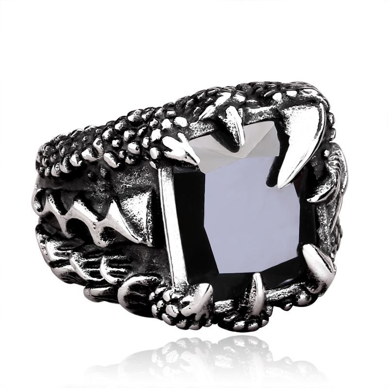 Viking Warrior Titanium Steel Ring for Men Vintage Norse Dragon Claw Rings with Blue Cubic Zirconia Gothic Punk Style Jewelry