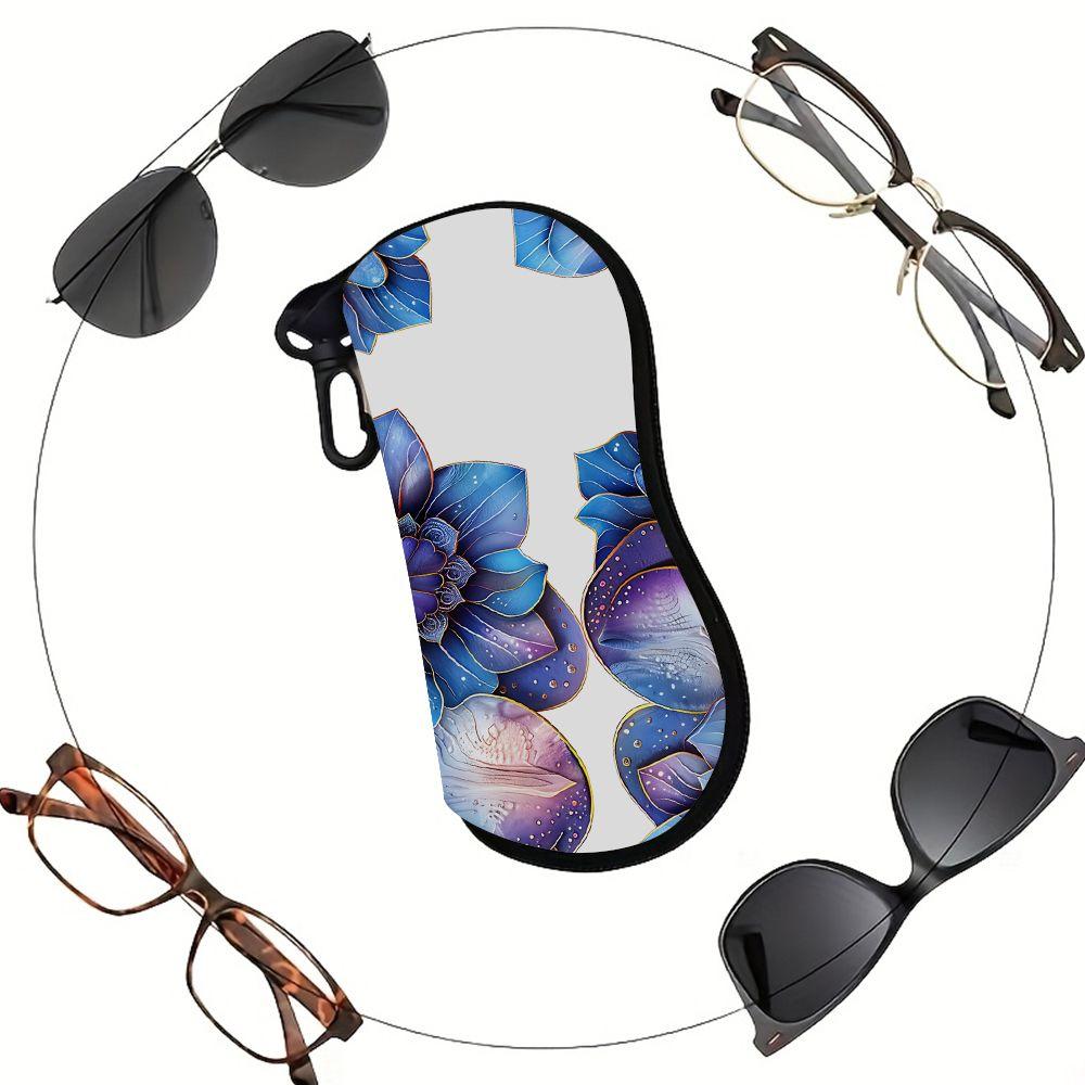 2D-Floral Print Protective Eyewear Case, Sunglasses Case for Women, Decorative Blue Purple Flower Pattern Storage Pouch, Portable Travel Eyeglasses Ho