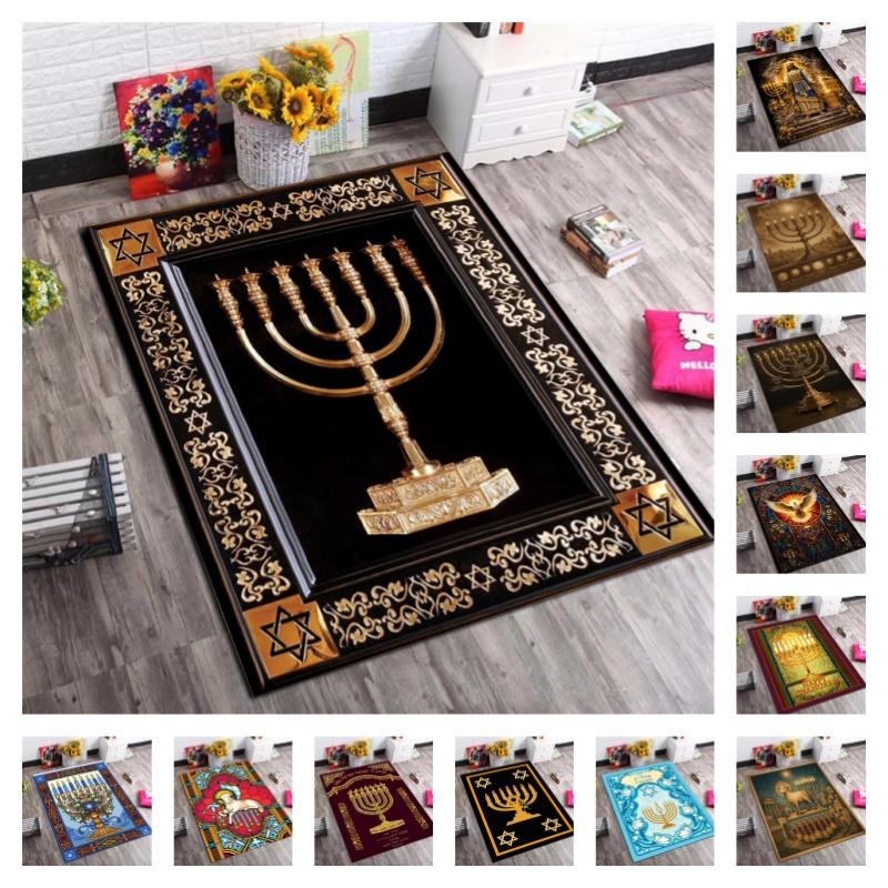 Golden Menorah Star David Vintage Floral Frame Black Background Anti-slip Area Rug Living Room Bedroom Religious Holiday Decor Floor Mat
