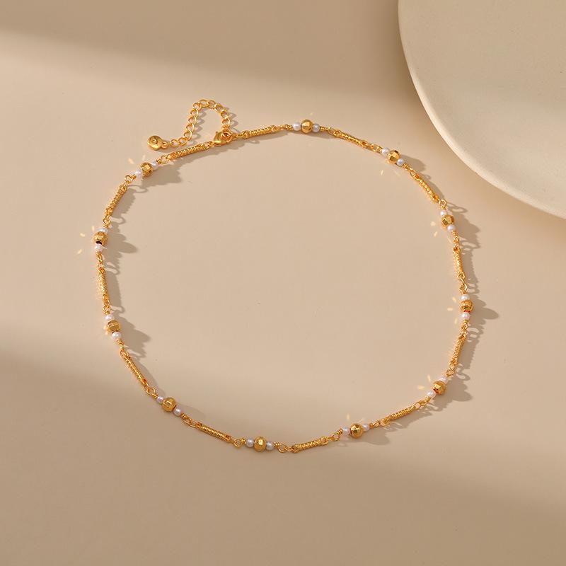 K Gold Plated Metal Texture Fortune Bead Short Necklace For Women