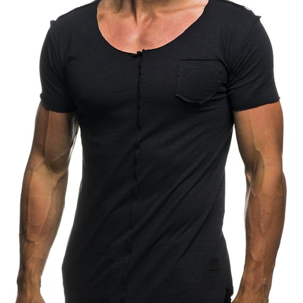 Men's Casual Patchwork Frayed Hem Round Neck Short Sleeve T-shirt