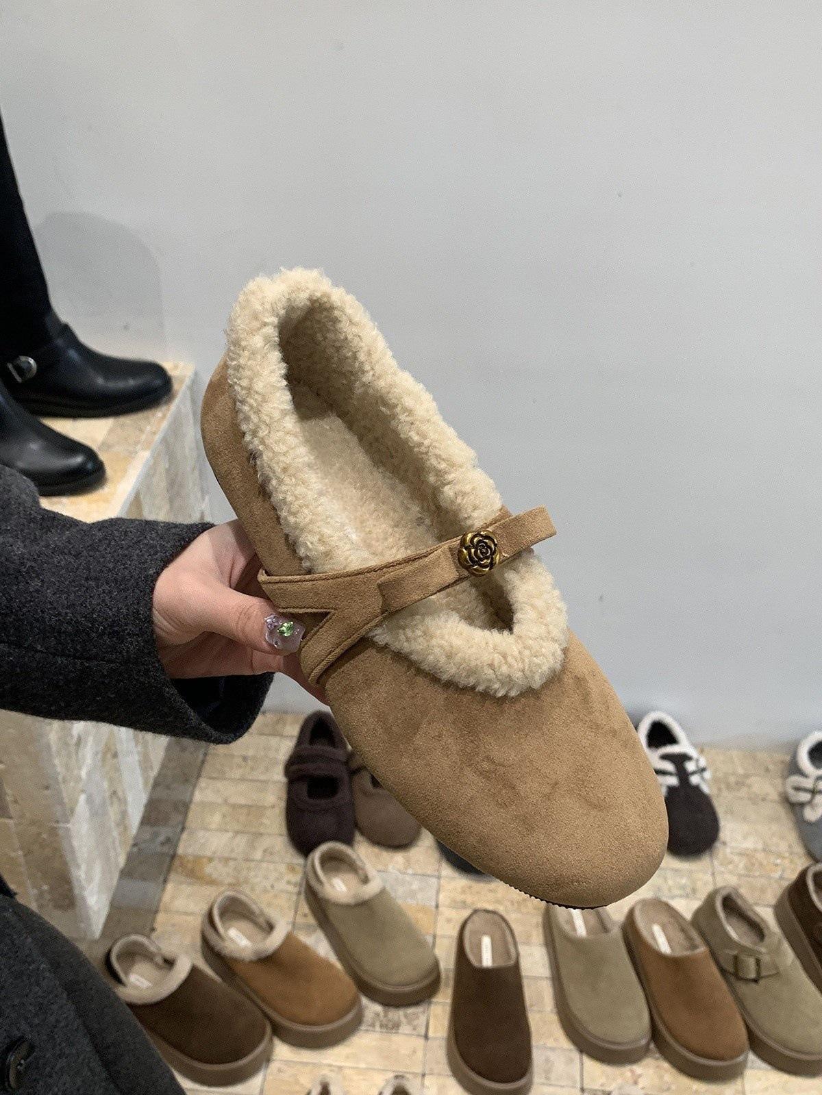 Xiaoxiangfeng bow fluffy shoes velvet single shoes with skirt temperament Mary Jane cotton shoes 40 хаки